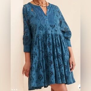 Anthropologie dRA Size M Blue Tiered Midi Sundress with Bishop 3/4 Sleeves